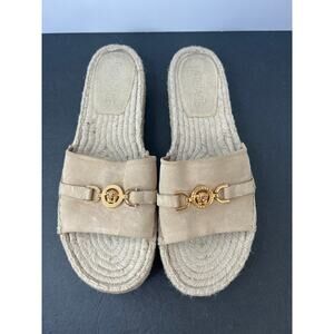 Gianni Versace Beige Medusa 95 Platform Espadrille Gold GV Logo Slide Sandals 10